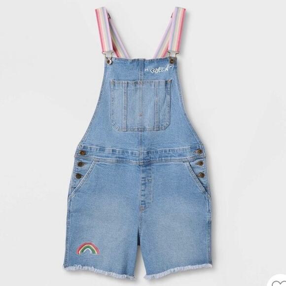 PRIDE Denim Shortalls Overalls Light Wash Rainbow Straps - Picture 1 of 3